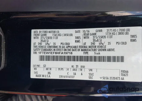 2017 Ford F-150 King Ranch/Lariat/Platinum/Xl/Xlt из США, поврежденный, VIN 1FTEW1EF8HFA19718